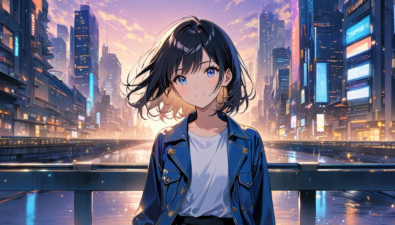 1girl, solo, blue eyes, (detailed eyes), flat chest, short hair, black hair, ((white t-shirt)), simple t-shirt, black skirt, black socks, standing, upper body, gentle smile on her face((masterpiece, illustration, best quality)) girl in a blue coat Wear sunglasses Behind is the cityscape in the evening. There are twinkling lights of the city amidst the blue, blue, and purple sky. Cool girls stand on high balconies or bridges. Looking out at the city with a confident and calm expression. The colors of the picture emphasize the dramatic tone. close up to the face
