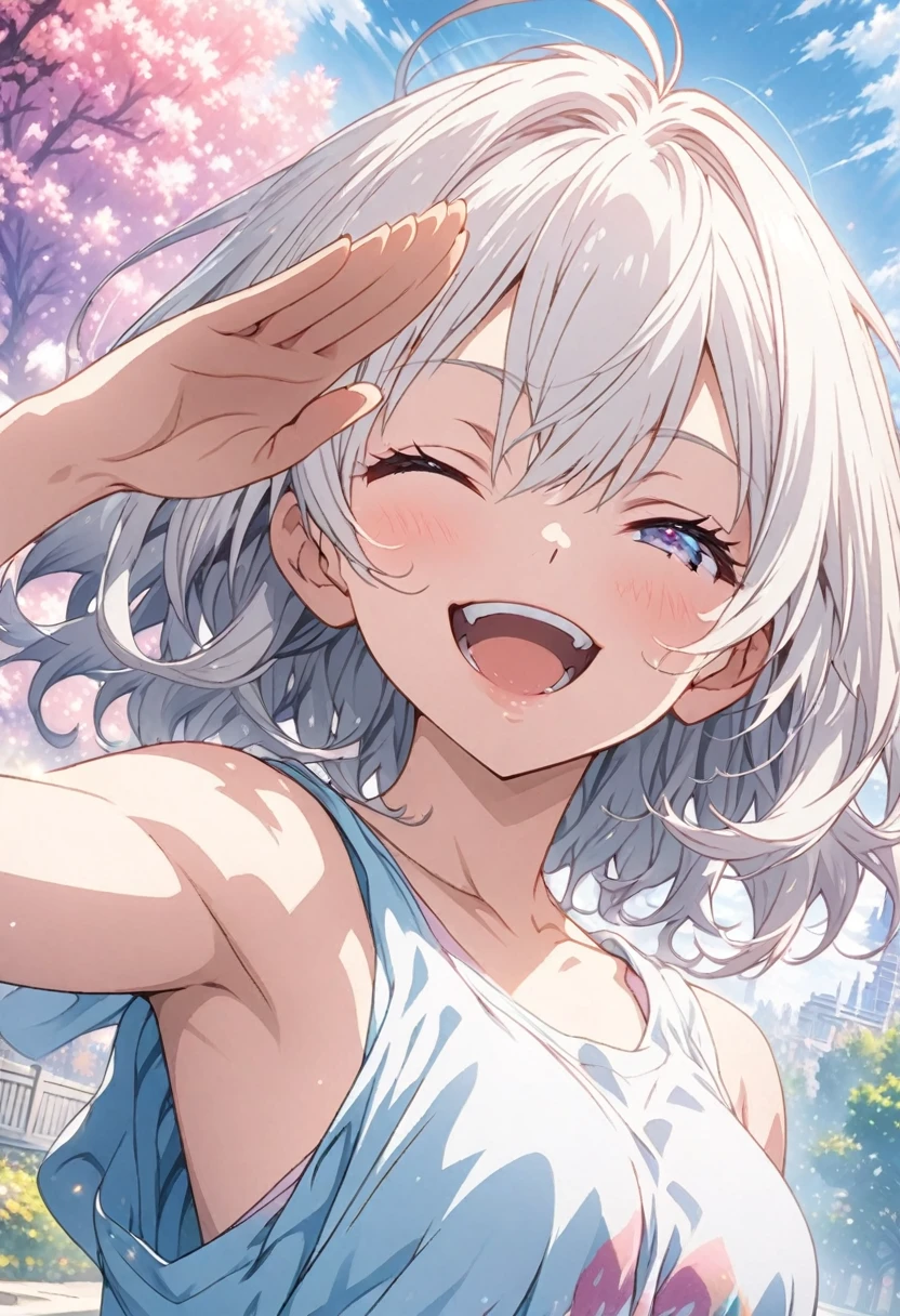 masterpiece, Highest quality, Highly detailed CG Unity 8k wallpaper, High School Girl Anime Illustration. Wear an oversized tank top、Salute、she has her eyes closed and mouth open, smile. The background is a light pastel colored landscape., White hair color
