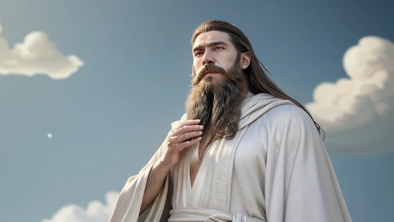 A wizard with a beard in a white robe. in the background a sky . Perfect and wonderful photo. divinity.