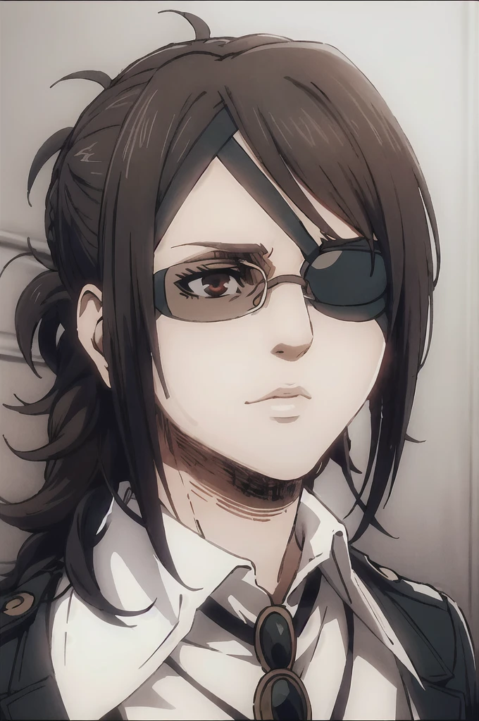 portrait of beautiful HangeAOT, 1girl, solo, black_hair, glasses, eyepatch, brown_background, Perfect black silk suit , Masterpiece