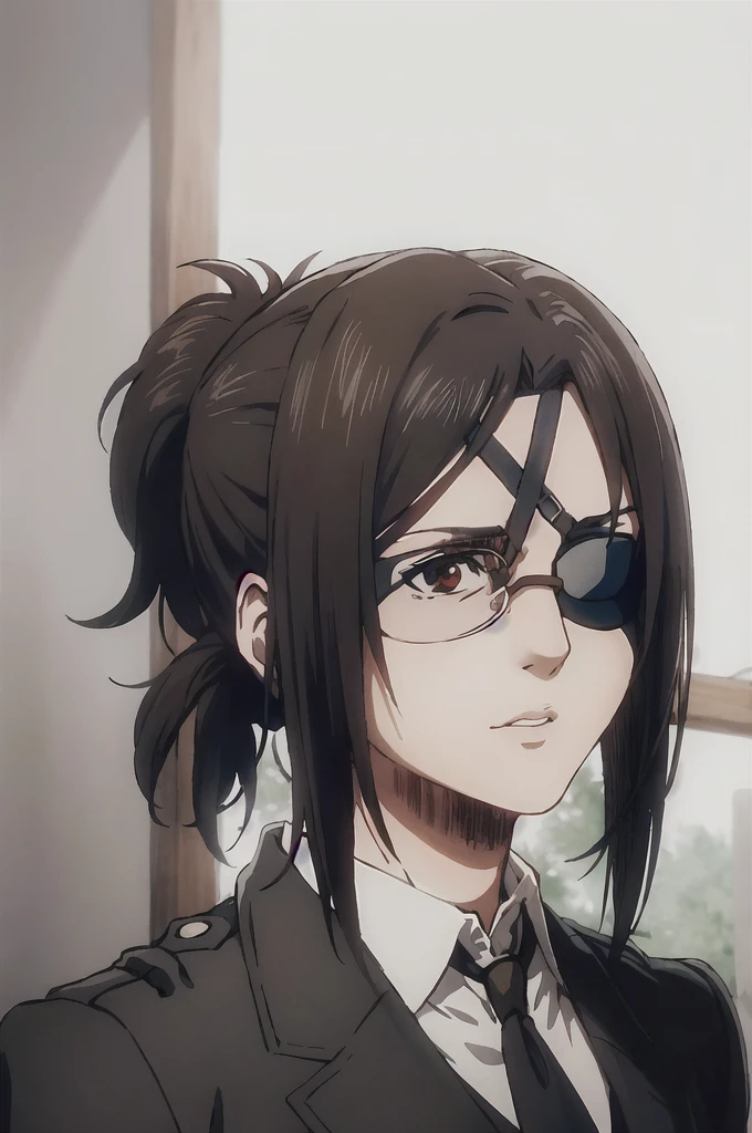 portrait of beautiful HangeAOT, 1girl, solo, black_hair, glasses, eyepatch, brown_background, Perfect black silk suit , Masterpiece