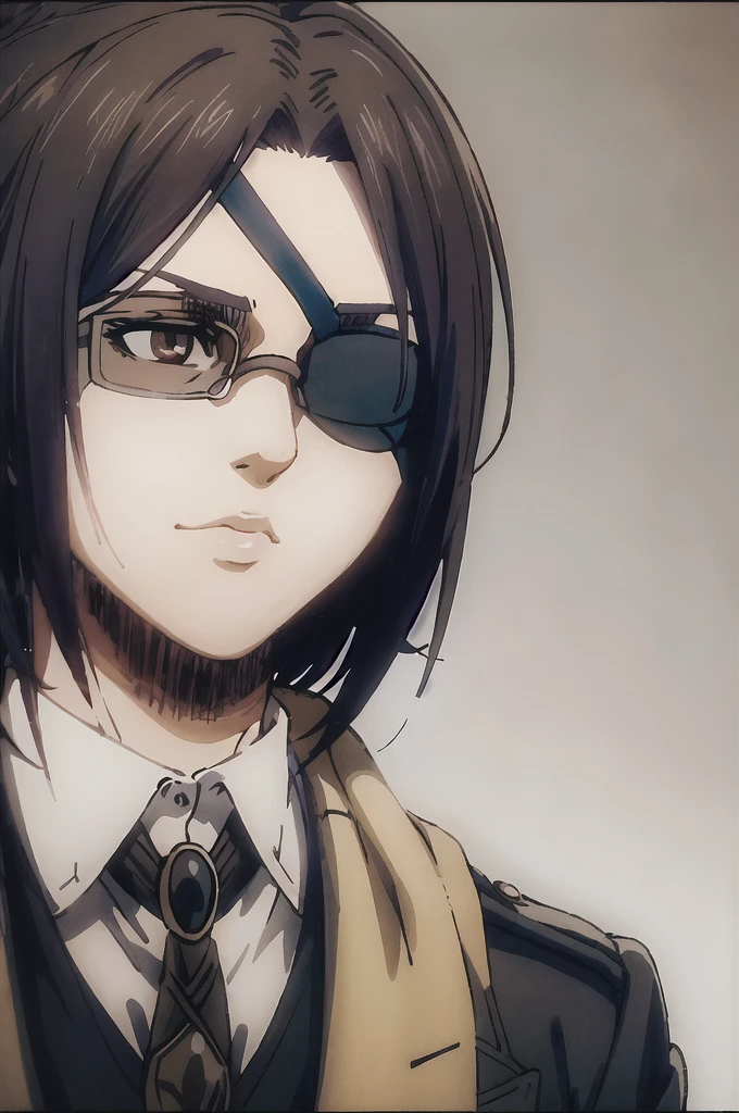 portrait of beautiful HangeAOT, 1girl, solo, black_hair, glasses, eyepatch, brown_background, Perfect black silk suit , Masterpiece