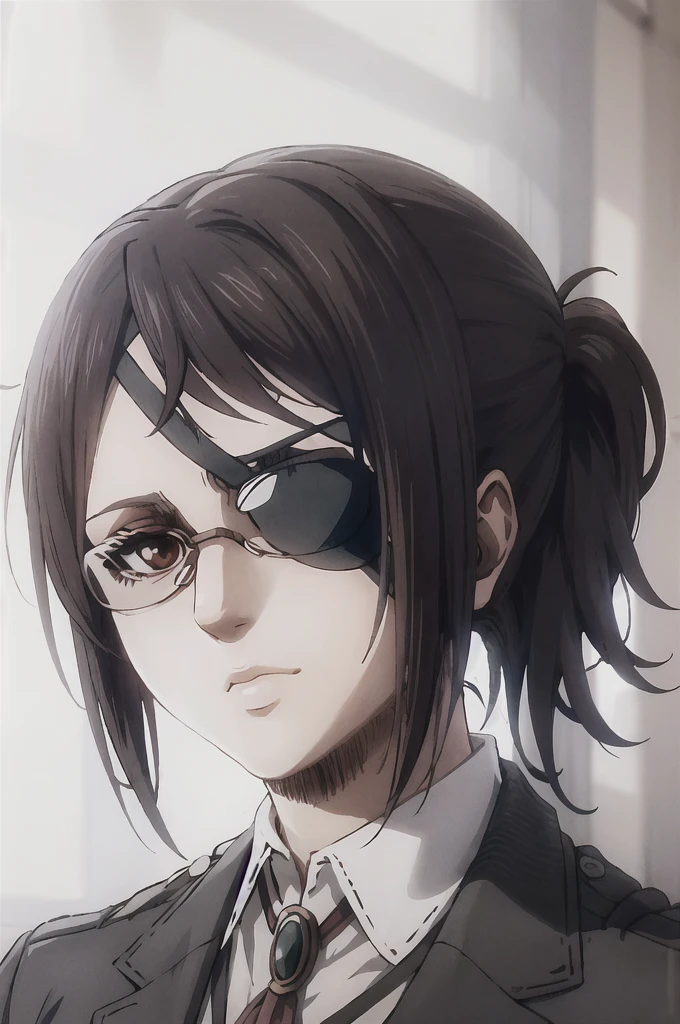 portrait of beautiful HangeAOT, 1girl, solo, black_hair, glasses, eyepatch, brown_background, Perfect black silk suit , Masterpiece