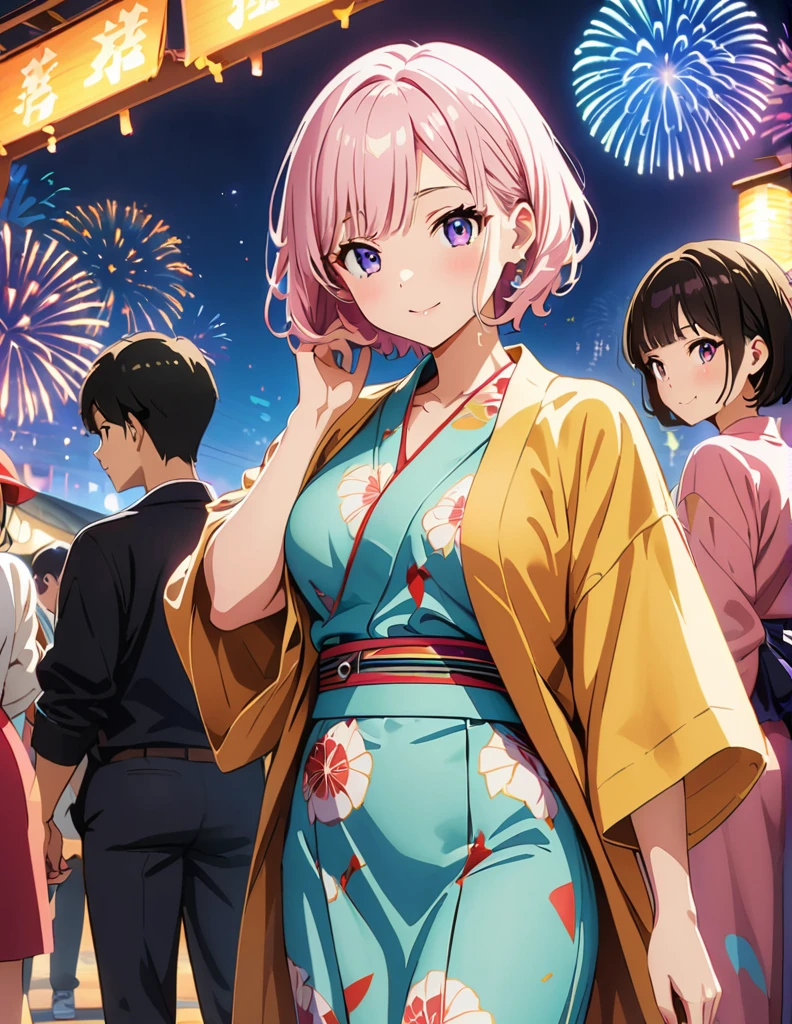 (anime artwork, anime style, studio anime, very detailed, up to date, vibrant, Anime Coloring, high contrast, masterpiece:1.2, best quality, best aesthetics),3 girl,Yukata,firework night festival Medium chest,random hair, One eye is hidden by the bangs, perfect proportions, high detail skin, Cute, detailed faces, precise fingers,