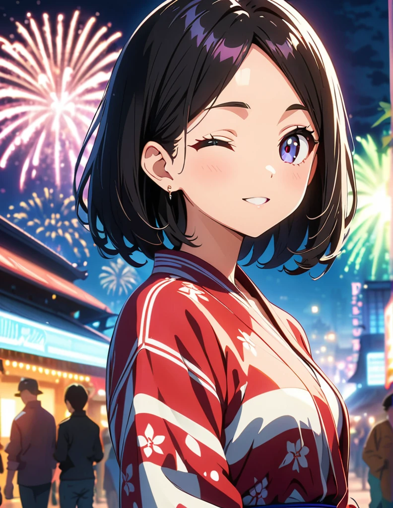 (anime artwork, anime style, studio anime, very detailed, up to date, vibrant, Anime Coloring, high contrast, masterpiece:1.2, best quality, best aesthetics),3 girl,Yukata,firework night festival Medium chest,random hair, One eye is hidden by the bangs, perfect proportions, high detail skin, Cute, detailed faces, precise fingers,