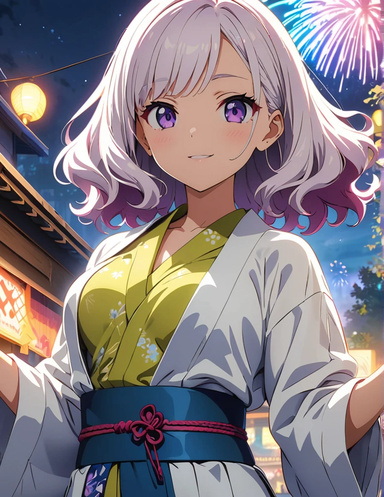 (anime artwork, anime style, studio anime, very detailed, up to date, vibrant, Anime Coloring, high contrast, masterpiece:1.2, best quality, best aesthetics),3 girl,Yukata,firework night festival Medium chest,random hair, One eye is hidden by the bangs, perfect proportions, high detail skin, Cute, detailed faces, precise fingers,