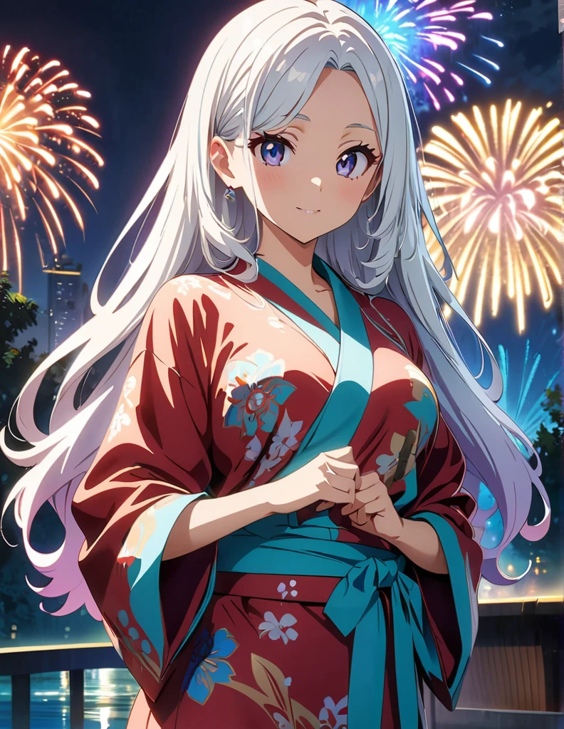 (anime artwork, anime style, studio anime, very detailed, up to date, vibrant, Anime Coloring, high contrast, masterpiece:1.2, best quality, best aesthetics),3 girl,Yukata,firework night festival Medium chest,random hair, One eye is hidden by the bangs, perfect proportions, high detail skin, Cute, detailed faces, precise fingers,