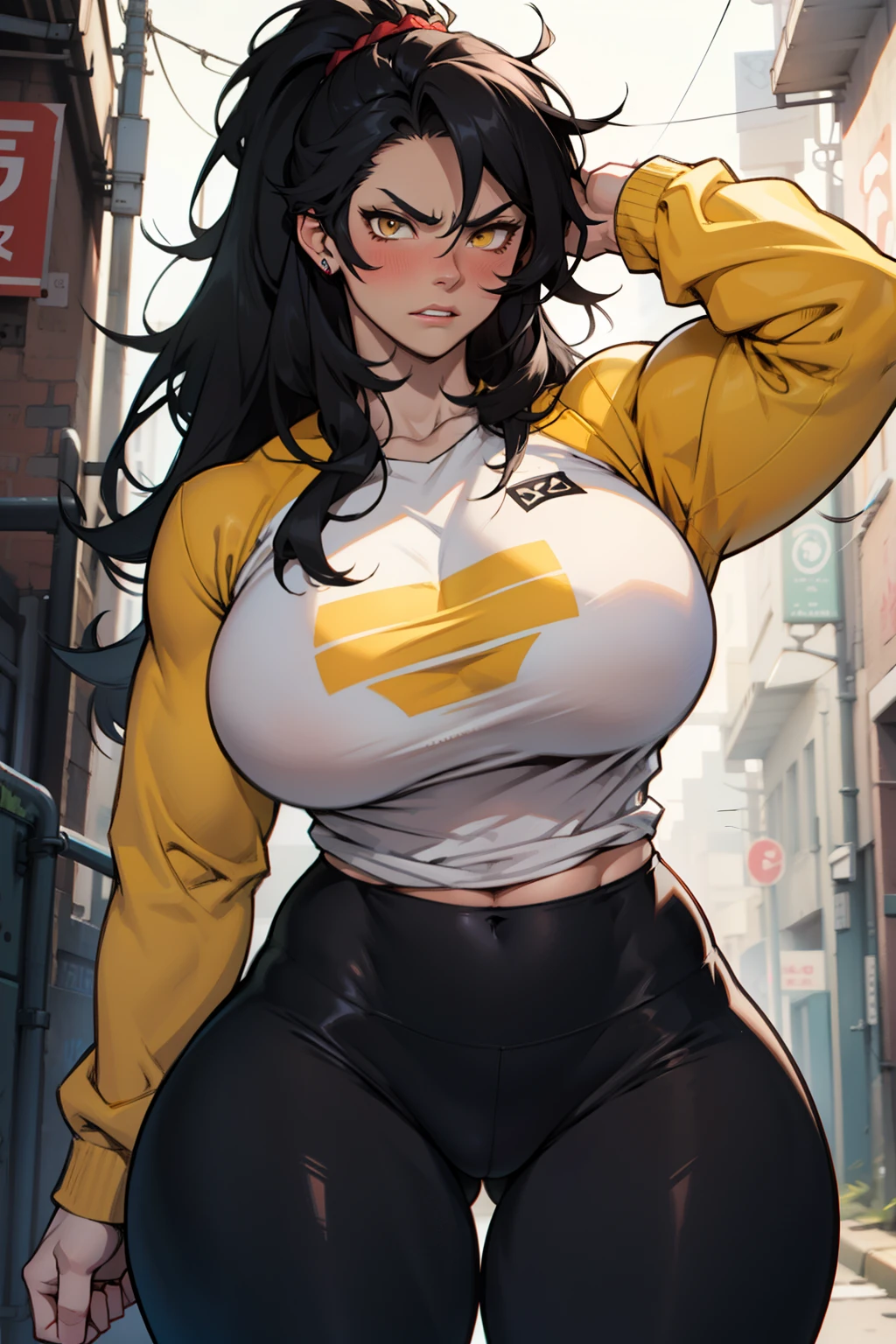 1girl solo black hair yellow eyes very long hair pale skin muscular muscular muscular muscular toned body huge muscles thick thighs girl tight clothes angry blushing messy hair leggings tight shirt long sleeves thick thick thick thick thick thick