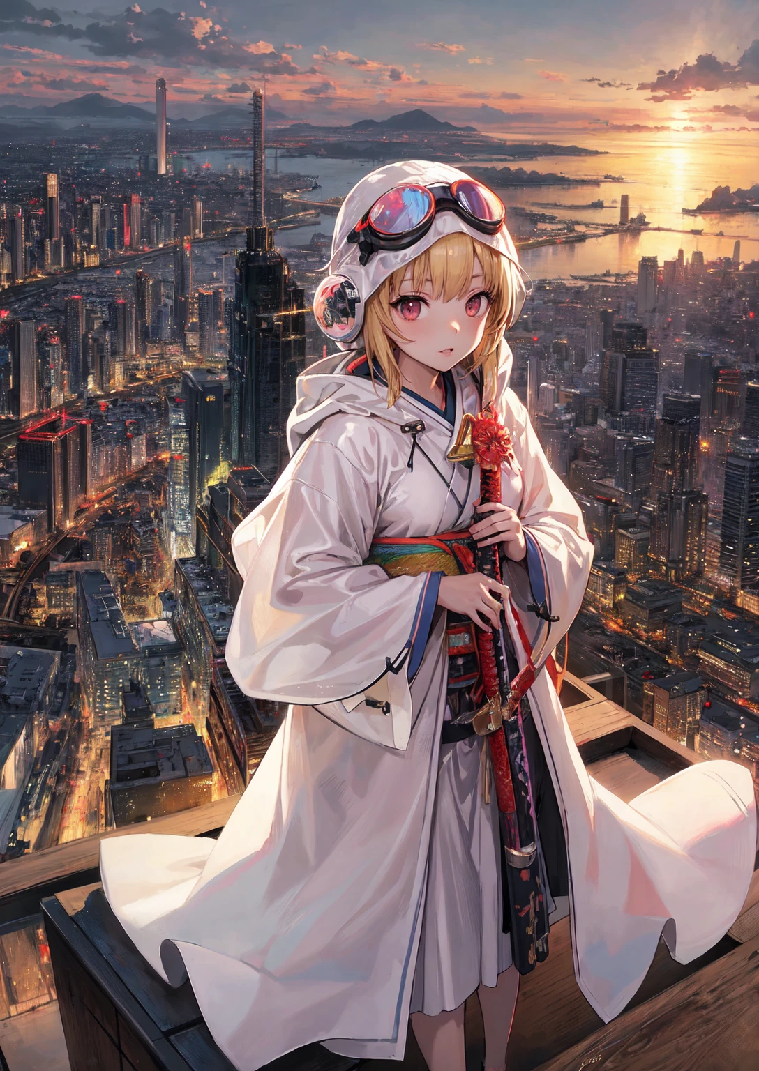 Noisy japan city background, single, white translucent hooded kimono, crop navel, windproof goggles, blonde, katana, heroic royal sister, ark of tomorrow, best quality, high resolution, best quality, high quality, detailed key anime art, best anime