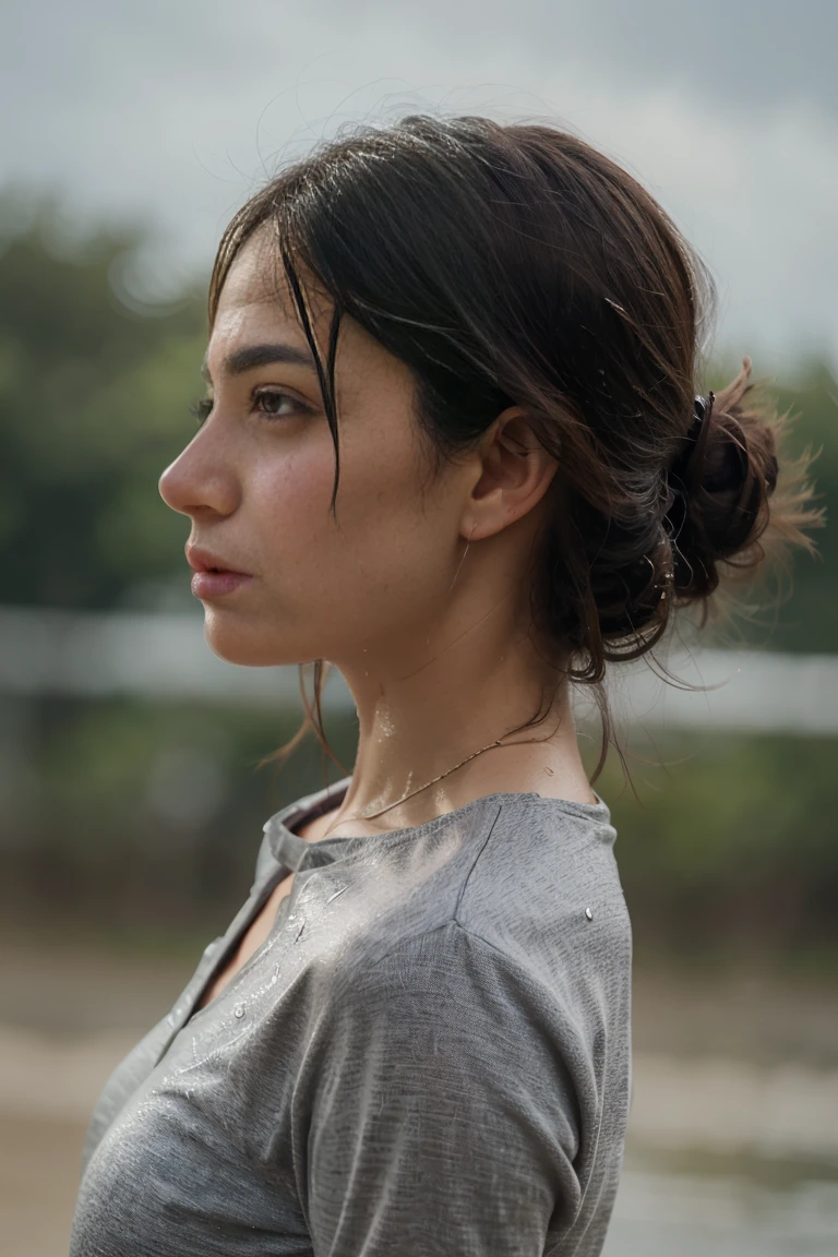 a profile picture, serious look, her hair is wet, background is blurred,