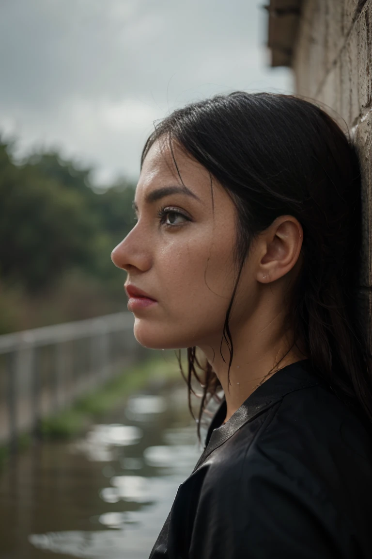 a profile picture, serious look, her hair is wet, background is blurred,