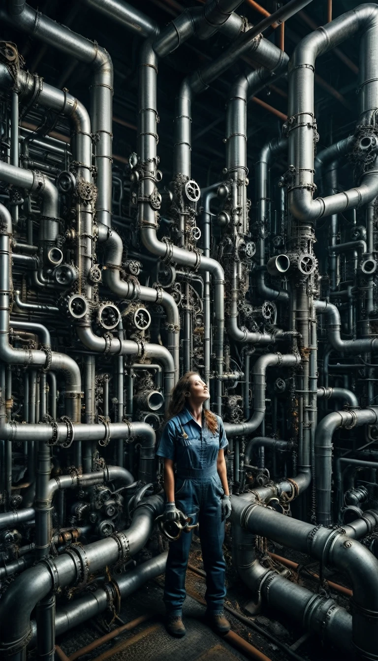 pipe jungle, industrial pipes, architecture made up of pipes and valves, tubular creature, vertical wallpaper, Huge maze of pipes spread highly inside the factory, steam blowing out, A female worker holding a wrench is looking up, POV, in the glow of soft, ambient light