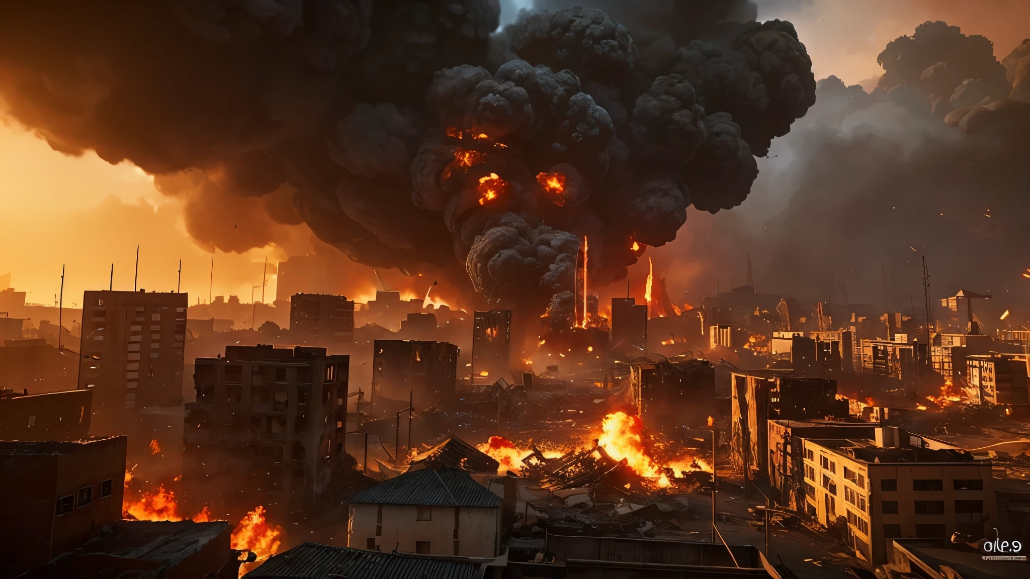 A picture taken from a video game shows a city destroyed by fire, city in ruins, fire, city on fire