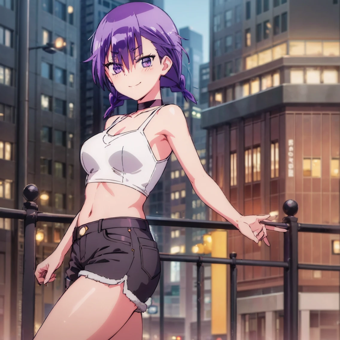 ((1girl)),((alone)), asumi kominami,(masterpiece), (best quality), (ultra detailed), (best illustration), (best shadow), (absurdities), sharp focus, cowboy photo , looking at viewer, big breasts, narrow waist, wide hips, medium thighs, round butt, dynamic posture, purple eyes, purple hair, short hair, black shirt, sleeveless, bare shoulders, hair between eyes, jewelry, choker, bare waist ,navel, short shorts, jean shorts, bare legs, arms in v, hands together, smiling, playful look, seductive smile, closed mouth, serious expression, (sexy pose: 1.2), ((alone)), standing: 1.3, exterior, cityscape, city, streets, night, city lights, looking back, from behind, ((focus on ass)), point of view (from middle), red blush, perfect anatomy, perfect hands .