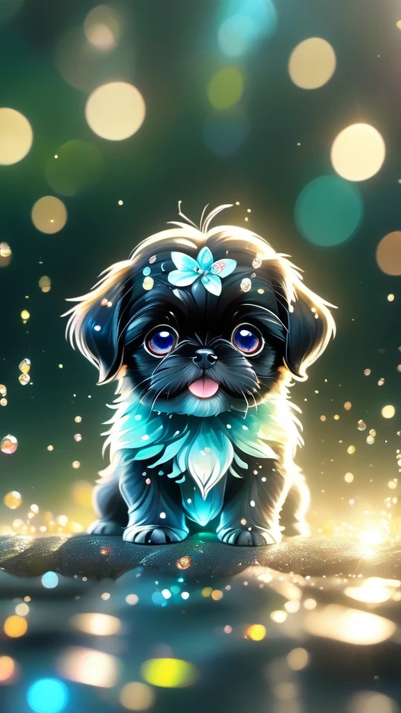 2 adorable small black shih tzu puppies blue crystal eyes, smiling, happy, Sparkling crystals, delicate tentacles, Vivid colors, surreal background, Ethereal Light, flickering reflection, Intricate details, Mysterious atmosphere,dream-like, Milky Way, Cleanliness, Sparkling, Sparkling, Splendor, colorful, Great cinematography, Dramatic Light, Photorealism, Super detailed, 4K, Depth of written boundary, High resolution、
crystal flower