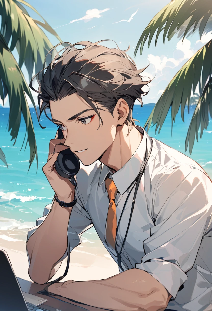 Young businessman talking on the phone outdoors in the tropics  