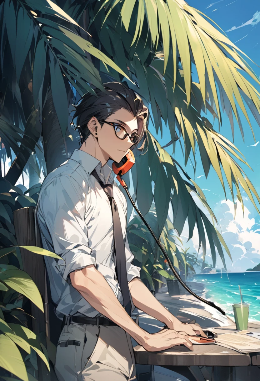 Young businessman talking on the phone outdoors in the tropics  
