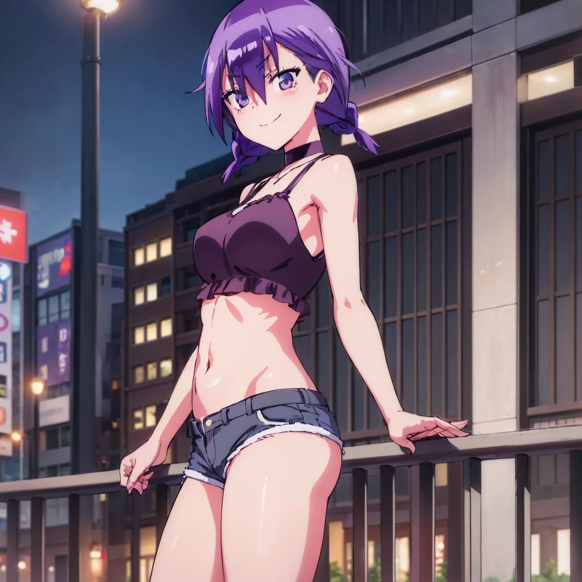 ((1girl)),((alone)), asumi kominami,(masterpiece), (best quality), (ultra detailed), (best illustration), (best shadow), (absurdities), sharp focus, cowboy photo , looking at viewer, big breasts, narrow waist, wide hips, medium thighs, round butt, dynamic posture, purple eyes, purple hair, short hair, black shirt, sleeveless, bare shoulders, hair between eyes, jewelry, choker, bare waist ,navel, short shorts, jean shorts, bare legs, arms in v, hands together, smiling, playful look, seductive smile, closed mouth, serious expression, (sexy pose: 1.2), ((alone)), standing: 1.3, exterior, cityscape, city, streets, night, city lights, looking back, from behind, ((focus on ass)), point of view (from below), red blush, perfect anatomy, perfect hands .