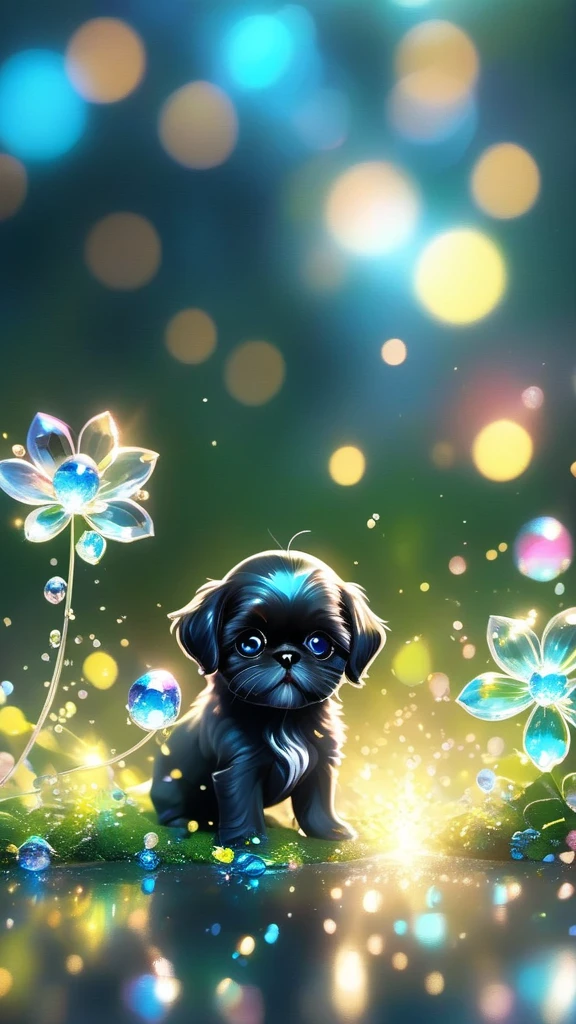 2 adorable small black shih tzu puppies blue crystal eyes, smiling, happy, Sparkling crystals, delicate tentacles, Vivid colors, surreal background, Ethereal Light, flickering reflection, Intricate details, Mysterious atmosphere,dream-like, Milky Way, Cleanliness, Sparkling, Sparkling, Splendor, colorful, Great cinematography, Dramatic Light, Photorealism, Super detailed, 4K, Depth of written boundary, High resolution、
crystal flower