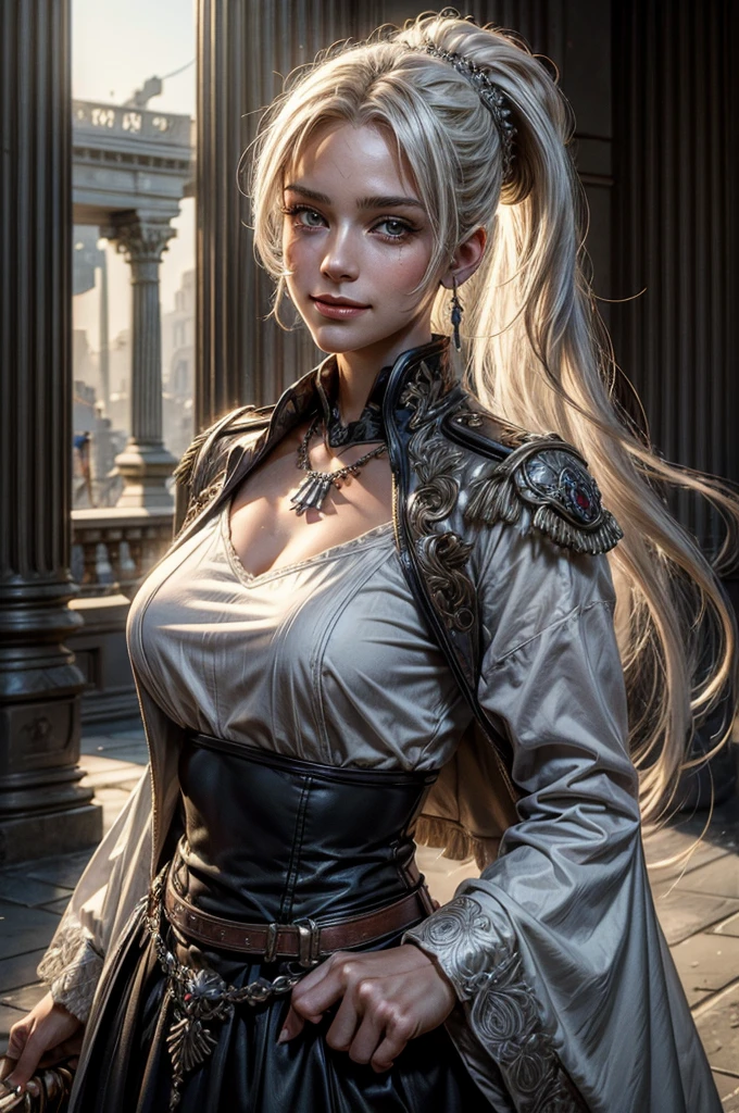 (masterpiece, best quality:1.2), cowboy shot, weissvale, smile, closed mouth,  looking at viewer, long white hair, side ponytail, scar above eye, scar below eye, military dress,  jewelry, necklace, earrings, future_urban, standing outside, ornate palace, men and women in military uniforms,  arch, pillars, (volumetric lighting), intricate details, tonemapping, sharp focus, hyper detailed 