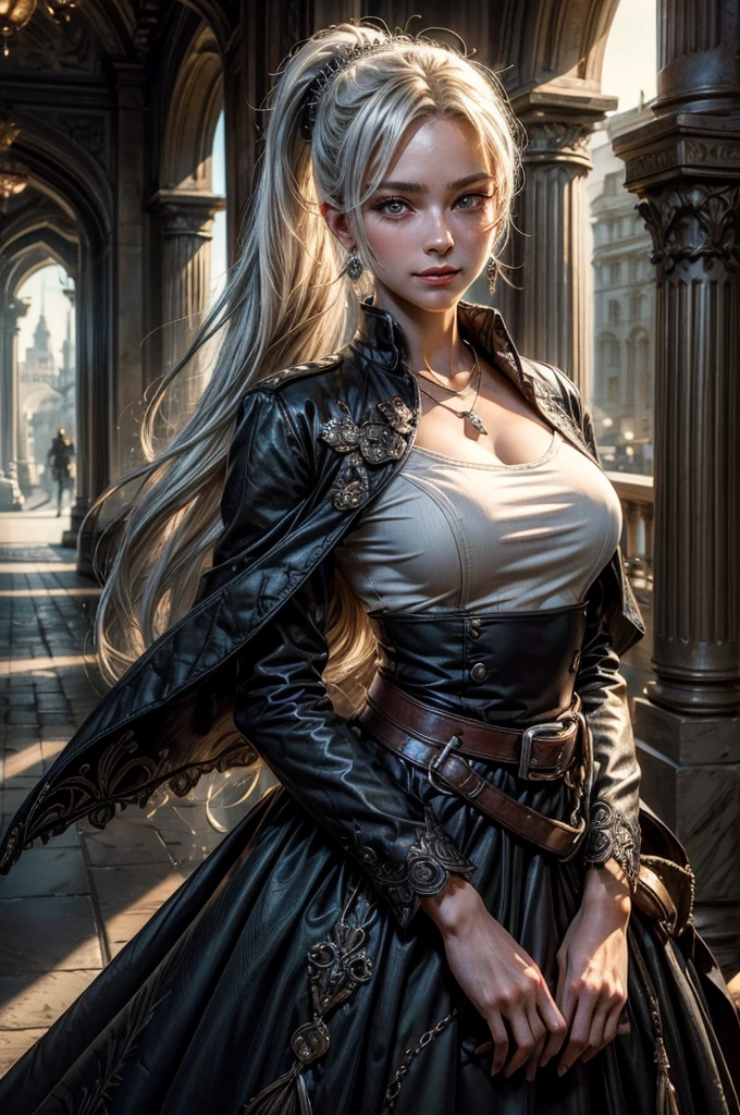 (masterpiece, best quality:1.2), cowboy shot, weissvale, smile, closed mouth,  looking at viewer, long white hair, side ponytail, scar above eye, scar below eye, military dress,  jewelry, necklace, earrings, future_urban, standing outside, ornate palace, men and women in military uniforms,  arch, pillars, (volumetric lighting), intricate details, tonemapping, sharp focus, hyper detailed 