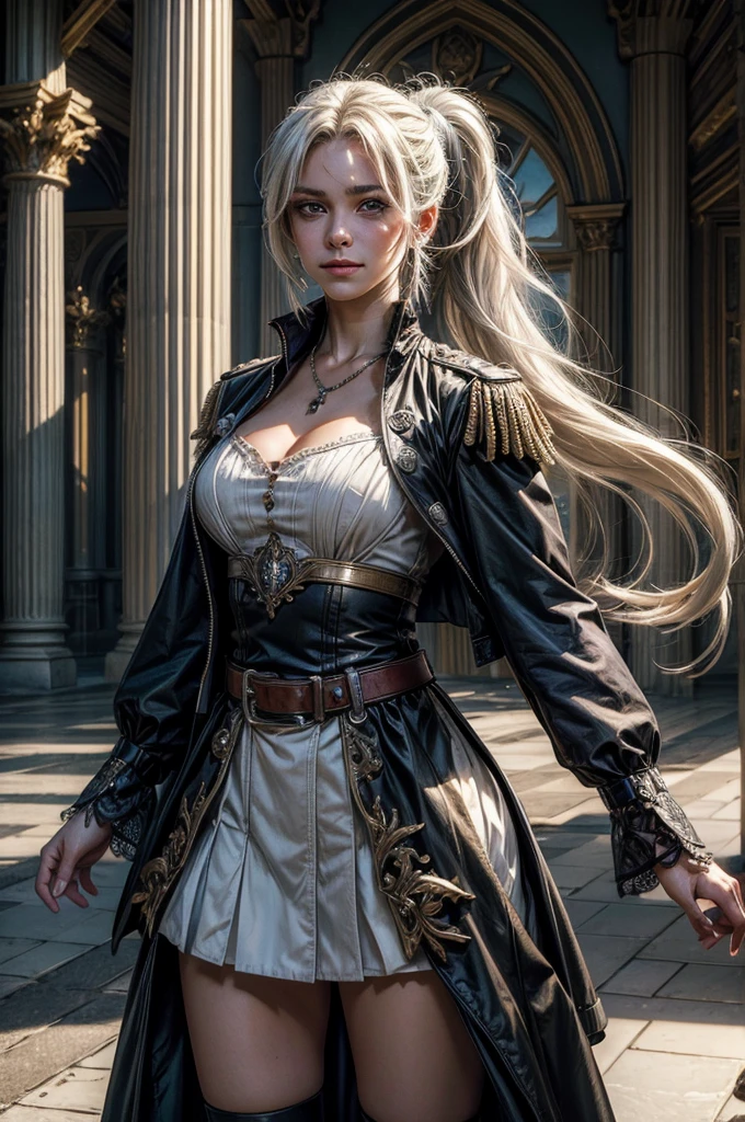 (masterpiece, best quality:1.2), cowboy shot, weissvale, smile, closed mouth, looking at viewer, long white hair, side ponytail, scar above eye, scar below eye, military dress, jewelry, necklace, earrings, future_urban, standing outside, ornate palace, men and women in military uniforms, arch, pillars, (volumetric lighting), intricate details, tonemapping, sharp focus, hyper detailed