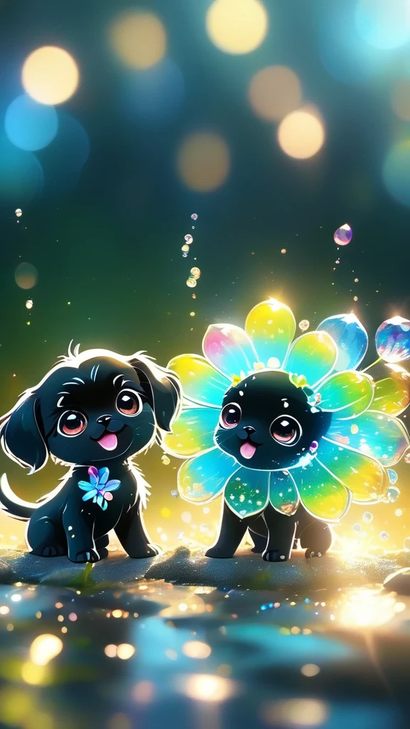 2 adorable small black shih tzu puppies blue crystal eyes, smiling, happy, Sparkling crystals, delicate tentacles, Vivid colors, surreal background, Ethereal Light, flickering reflection, Intricate details, Mysterious atmosphere,dream-like, Milky Way, Cleanliness, Sparkling, Sparkling, Splendor, colorful, Great cinematography, Dramatic Light, Photorealism, Super detailed, 4K, Depth of written boundary, High resolution、
crystal flower