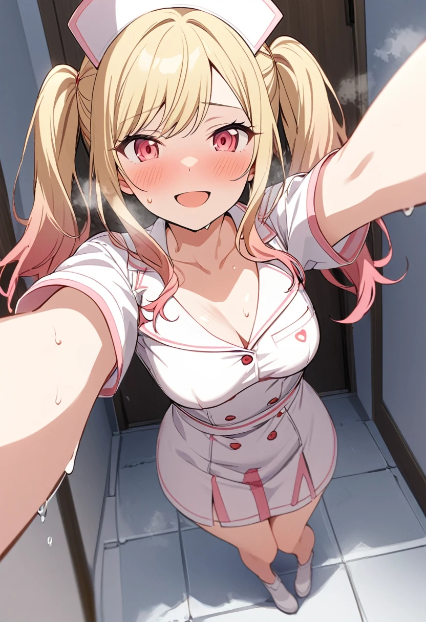 Generate an image of Honami Mochizuki from Project Sekai. She is a high  student with long, straight hair in a blonde color.,with a slight curl. Her side hair is shorter and also slightly curled.Often, has big, gentle red eyes and a warm, friendly expression.nsfw,steam,medium breasts,sweat,1girl,Gradient with pink tips,Twin tails,white nurse cosplay,Selfie,full body,bare breasts,from below