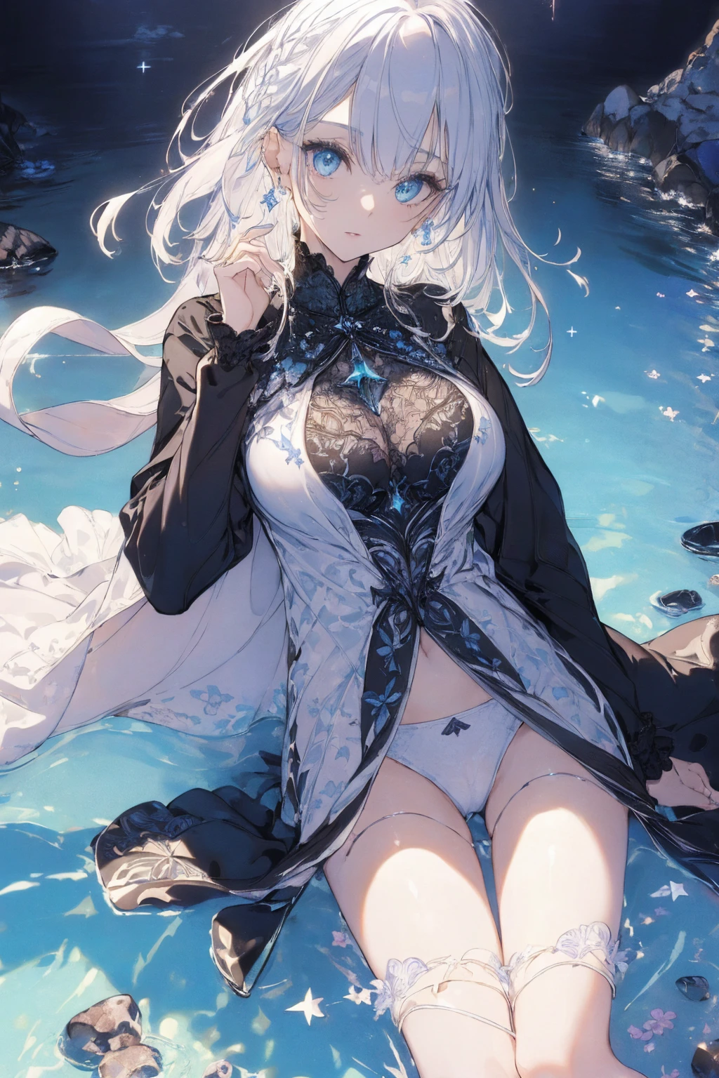 (summer clothing photo:1.1, in dark room:1.5), Masterpiece, best quality, (very detailed CG unity 8k wallpaper), (best quality), High definition RAW color art, Animation,sculptures, (black Marble Skin), (((Ultra detailed elegant))), Magical atmosphere, Detailed skin, Texture,(Intricately detailed, Fine detail, ultra-detail art), depth of fields, bokeh, Silky Touch, Hyper Detail, beautiful eyes, Elegant Face, (lying on blue waterfront), sparkle background, enormous breast:1.3, (silver hair), pastel purple, embarrassing face, wide open udder, short hair
