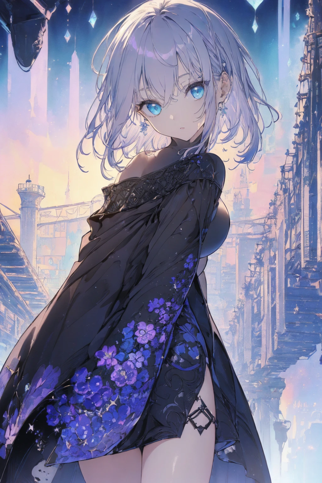(summer clothing photo:1.1, in dark room:1.5), Masterpiece, best quality, (very detailed CG unity 8k wallpaper), (best quality), High definition RAW color art, Animation,sculptures, (black Marble Skin), (((Ultra detailed elegant))), Magical atmosphere, Detailed skin, Texture,(Intricately detailed, Fine detail, ultra-detail art), depth of fields, bokeh, Silky Touch, Hyper Detail, beautiful eyes, Elegant Face, (lying on blue waterfront), sparkle background, enormous breast:1.3, (silver hair), pastel purple, embarrassing face, wide open udder, short hair