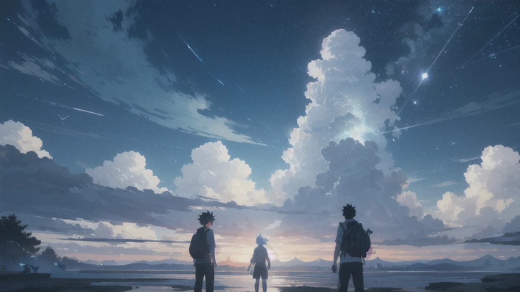 真っ暗なnight空,Octane, star (null), scenery, Blue parakeet,star, night, A girl and a boy back to back, Back view,座ってる,Outdoor, city,Blue parakeet,building, cloud, 天のriver,silhouette