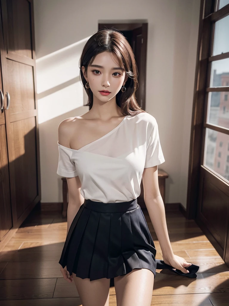 absurdres, RAW photo, extremely delicate and beautiful, masterpiece, Best Quality, ultra high resolution, 32k, hyperrealistic, ultra-detailed, perfect anatomy, super Detailed skin, perfect figure, Super Beauty, Perfect Style, Perfect balance, Beautiful Lighting, Perfect Lightning, Realistic Shadows, 20 years old, very Slim body, narrow waist, very small head, very small face, delicate facial features, handsome detailed woman, very detailed eyes and face, realistic face proportions, Realistic beautiful face, Realistic beautiful eyes, tearful mole, earring, very huge round breasts, medium hair, asymmetrical hair, ((full body shot)), indoor, short skirt, school_uniform,