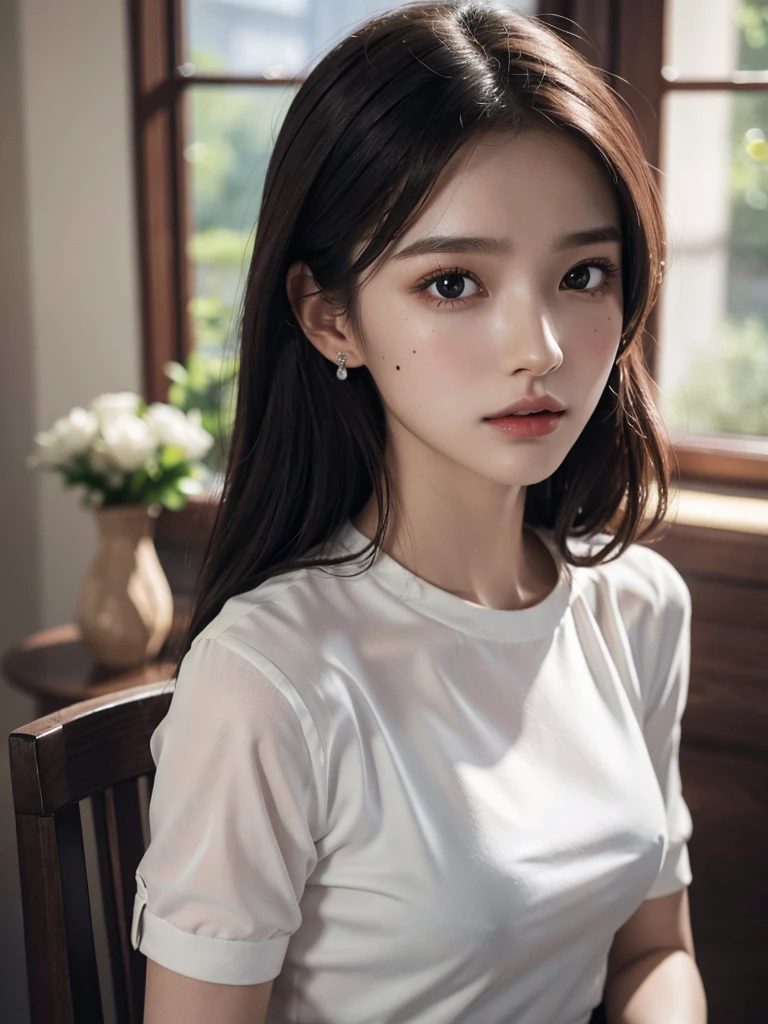 absurdres, RAW photo, extremely delicate and beautiful, masterpiece, Best Quality, ultra high resolution, 32k, hyperrealistic, ultra-detailed, perfect anatomy, super Detailed skin, perfect figure, Super Beauty, Perfect Style, Perfect balance, Beautiful Lighting, Perfect Lightning, Realistic Shadows, 20 years old, very Slim body, narrow waist, very small head, very small face, delicate facial features, handsome detailed woman, very detailed eyes and face, realistic face proportions, Realistic beautiful face, Realistic beautiful eyes, tearful mole, earring, very huge round breasts, medium hair, asymmetrical hair, ((full body shot)), indoor, short skirt, school_uniform,