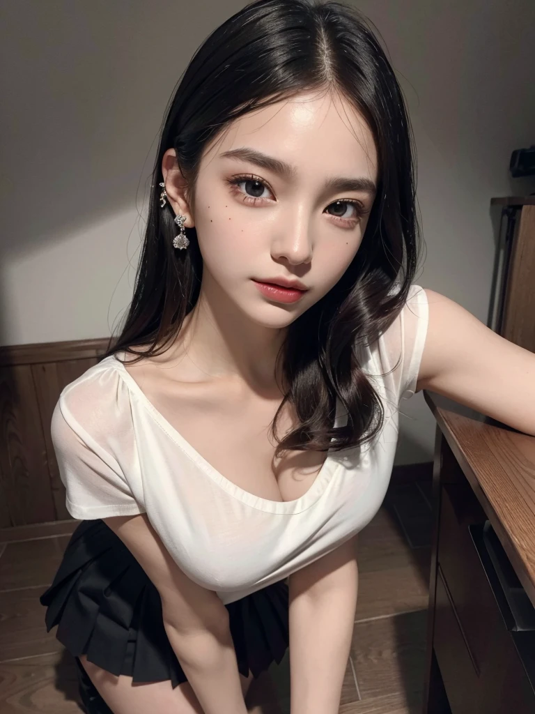absurdres, RAW photo, extremely delicate and beautiful, masterpiece, Best Quality, ultra high resolution, 32k, hyperrealistic, ultra-detailed, perfect anatomy, super Detailed skin, perfect figure, Super Beauty, Perfect Style, Perfect balance, Beautiful Lighting, Perfect Lightning, Realistic Shadows, 20 years old, very Slim body, narrow waist, very small head, very small face, delicate facial features, handsome detailed woman, very detailed eyes and face, realistic face proportions, Realistic beautiful face, Realistic beautiful eyes, tearful mole, earring, very huge round , medium hair, asymmetrical hair, ((full body shot)), indoor, short skirt, school_uniform,