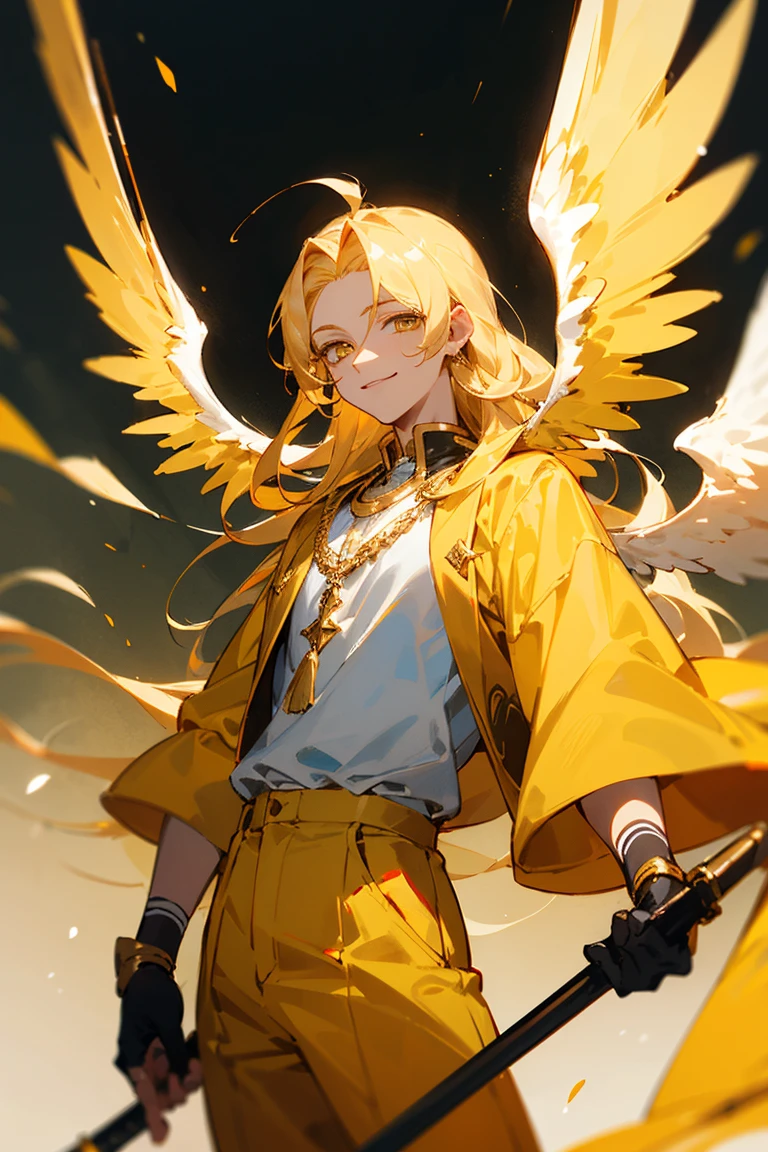 ((melhor qualidade)), ((obra de arte)), (detalhado), Male, blonde hair, long hair, Golden eyes, bright clothes, Yellow blouse, orange pants, holding Golden spear, Golden wings, smilling