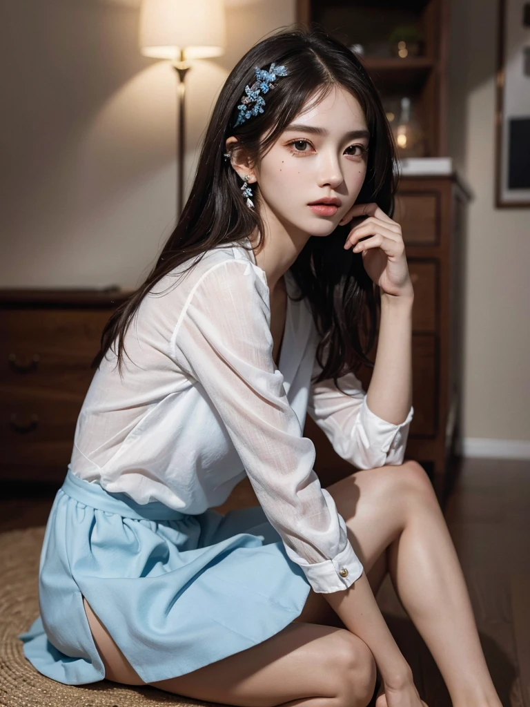absurdres, RAW photo, extremely delicate and beautiful, masterpiece, Best Quality, ultra high resolution, 32k, hyperrealistic, ultra-detailed, perfect anatomy, super Detailed skin, perfect figure, Super Beauty, Perfect Style, Perfect balance, Beautiful Lighting, Perfect Lightning, Realistic Shadows, 20 years old, very Slim body, narrow waist, very small head, very small face, delicate facial features, handsome detailed woman, very detailed eyes and face, realistic face proportions, Realistic beautiful face, Realistic beautiful eyes, tearful mole, earring, very huge round breasts, medium hair, asymmetrical hair, ((full body shot)), indoor, short skirt, school_uniform,