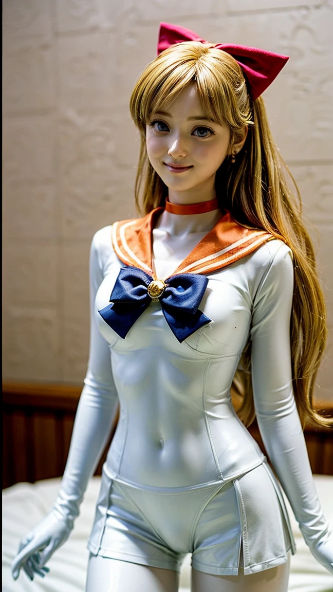 (masterpiece), (Highest quality), (Super detailed),(figure), (One girl),View your viewers, (interview),Beautiful attention to detail, Delicate and beautiful face, floating,(High saturation),(The Shining), sv1, Venus 1, Sailor Warrior Uniform, Sailor Venus, Minako Aino, Blonde, Magical girl, blue eyes, White panties, Orange Skirt, Elbow hand pockets, tiara, Pleated skirt, Hair Ribbon, Orange Sailor Collar, mini skirt, choker, Red Bow, Orange choker, White gloves, Very long hair, jewelry, Earrings, smile,