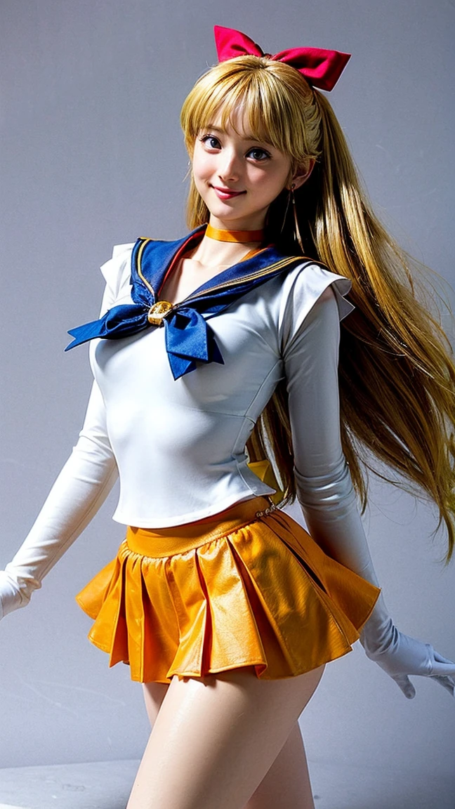 (masterpiece), (Highest quality), (Super detailed),(figure), (One girl),View your viewers, (interview),Beautiful attention to detail, Delicate and beautiful face, floating,(High saturation),(The Shining), sv1, Venus 1, Sailor Warrior Uniform, Sailor Venus, Minako Aino, Blonde, Magical girl, blue eyes, White panties, Orange Skirt, Elbow hand pockets, tiara, Pleated skirt, Hair Ribbon, Orange Sailor Collar, mini skirt, choker, Red Bow, Orange choker, White gloves, Very long hair, jewelry, Earrings, smile,