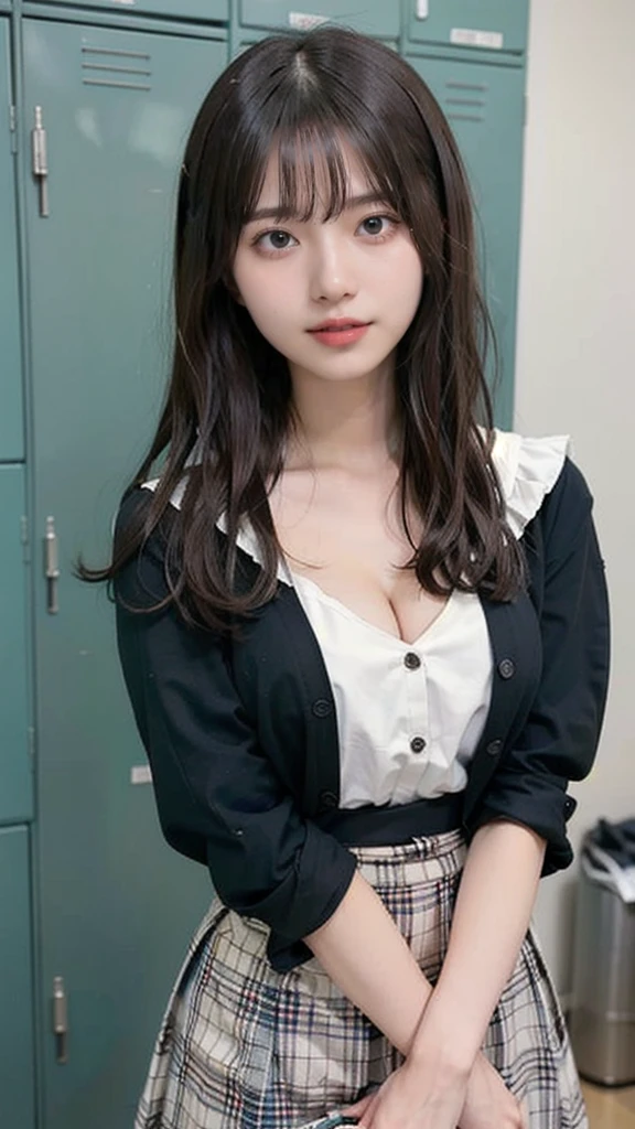 One girl, (masterpiece:1.1), (Highest quality:1.1),25 years old russian beautiful girl, (White blouse,medium breasts,cleavage:1.1), (Checked skirt:1.1), , High Waist Skirt, break [green:pink:0.5] theme, (locker,lockerroom Background:1.1), Cowboy Shot, break silver hair, Long Hair,bangs , (Green Eyes, droppy big eyes,toothy smile),ribbon, Look to the side,