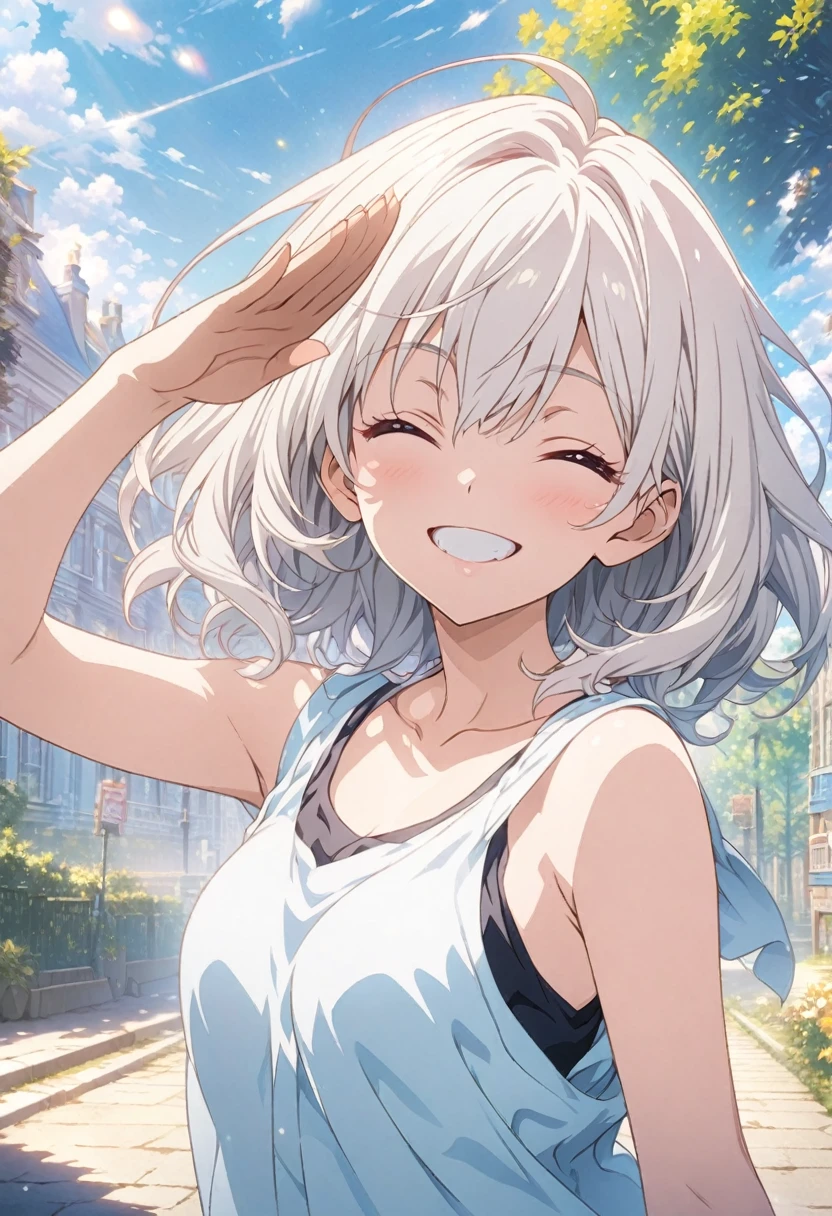 masterpiece, Highest quality, Highly detailed CG Unity 8k wallpaper, High School Girl Anime Illustration. Wear an oversized tank top、Salute、she has her eyes closed and mouth open, smile. The background is a light pastel colored landscape., White hair color