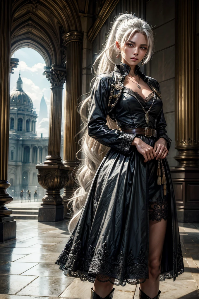 (masterpiece, best quality:1.2), cowboy shot, weissvale, smile, closed mouth, looking at viewer, long white hair, side ponytail, scar above eye, scar below eye, military dress, jewelry, necklace, earrings, future_urban, standing outside, ornate palace, men and women in military uniforms, arch, pillars, (volumetric lighting), intricate details, tonemapping, sharp focus, hyper detailed