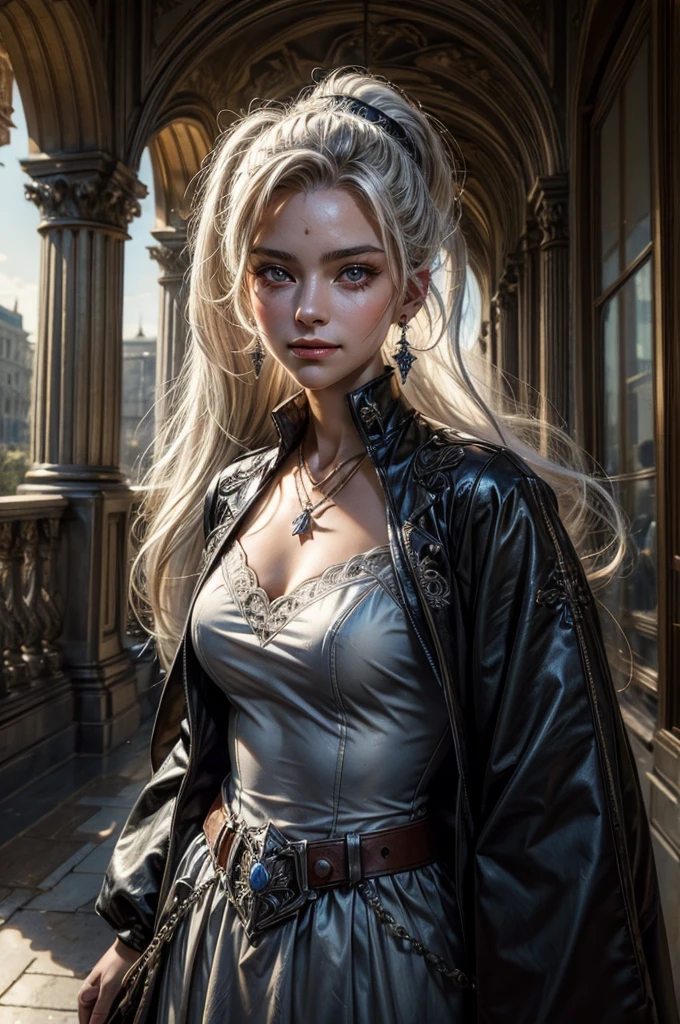 (masterpiece, best quality:1.2), cowboy shot, weissvale, smile, closed mouth, looking at viewer, long white hair, side ponytail, scar above eye, scar below eye, military dress, jewelry, necklace, earrings, future_urban, standing outside, ornate palace, men and women in military uniforms, arch, pillars, (volumetric lighting), intricate details, tonemapping, sharp focus, hyper detailed