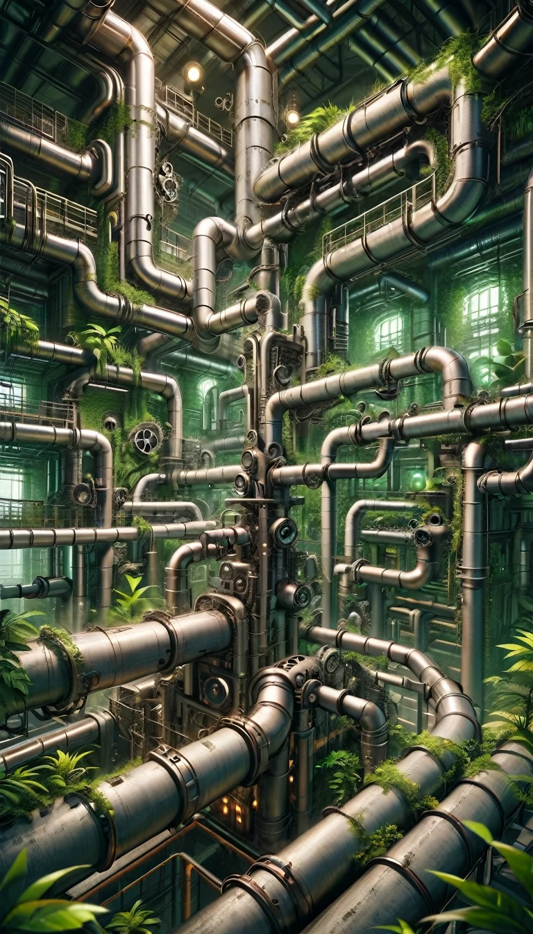 pipe jungle, industrial pipes, architecture made up of pipes and valves, tubular creature, vertical wallpaper, Huge maze of pipes spread highly inside the factory, steam blowing out, A female worker holding toolbox is looking up, POV, in the glow of soft, ambient light