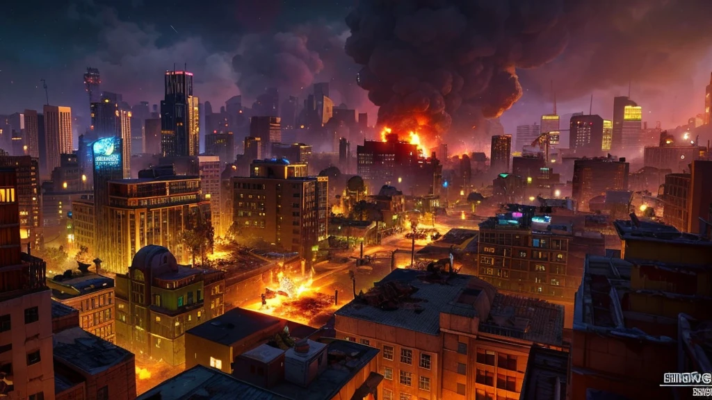A picture taken from a video game shows a city destroyed by fire, city in ruins, fire, city on fire, blues, purples, yellows