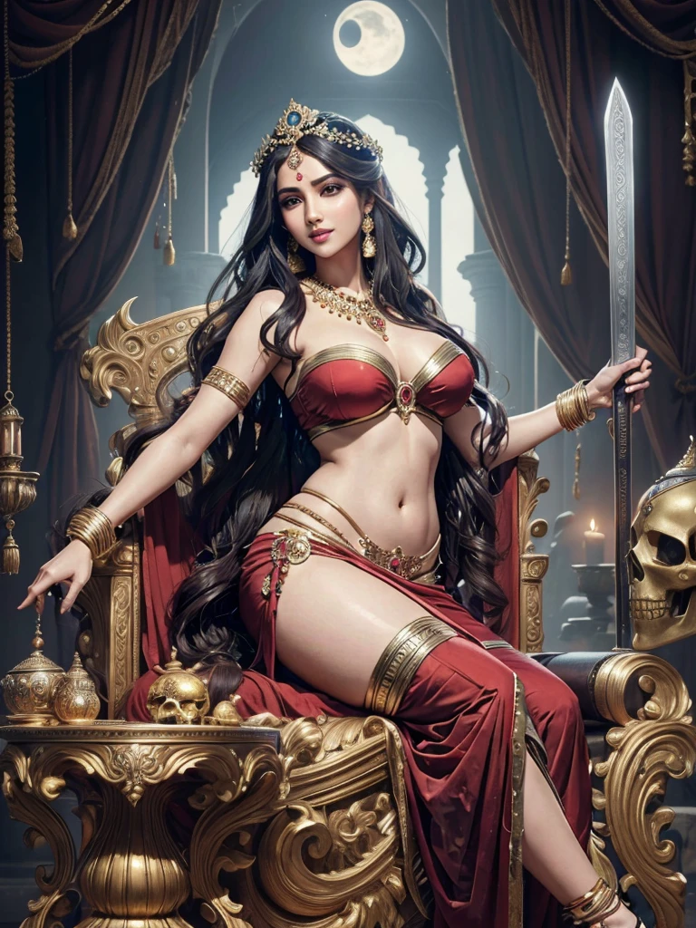 1 goddess, detailed face, beautiful eyes, intoxicating gaze, long flowing hair, four arms, smiling expression, crescent moon on forehead, slim curvy figure, big breasts, perspiring slightly, three folds of skin and vertical line of hair below navel, seated on corpse throne, wearing red garments and jewelry, holding skull in left hand and sword in right hand, acrylic on canvas, baroque style, inspired by Indian mythology, (best quality,4k,8k,highres,masterpiece:1.2),ultra-detailed,(realistic,photorealistic,photo-realistic:1.37),highly detailed description, by Peter Paul Rubens