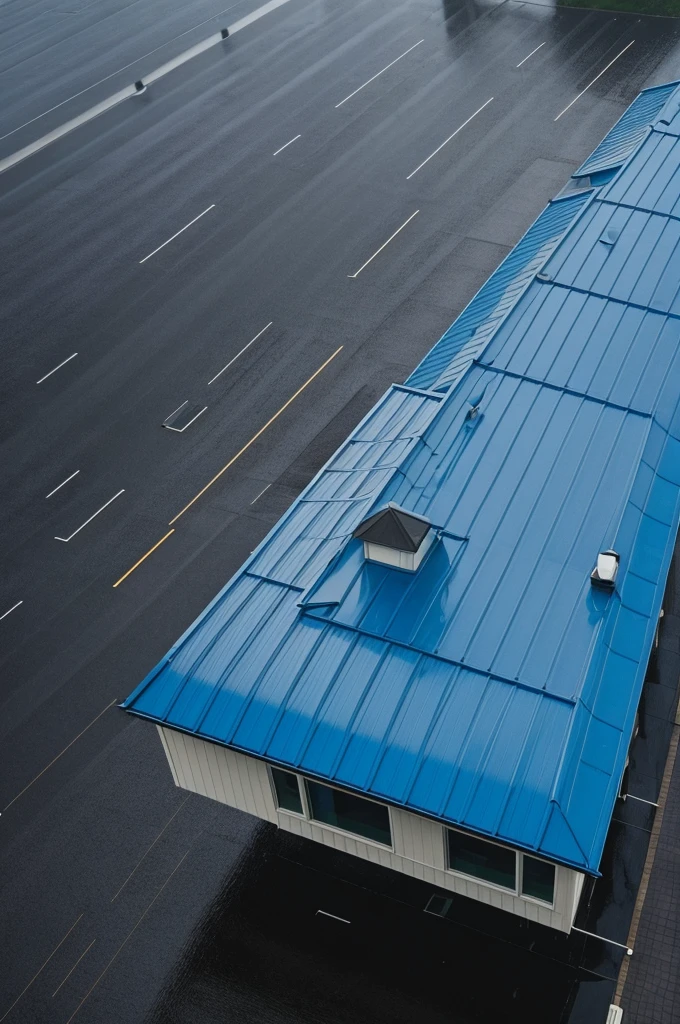 A blue roof flying in the rain