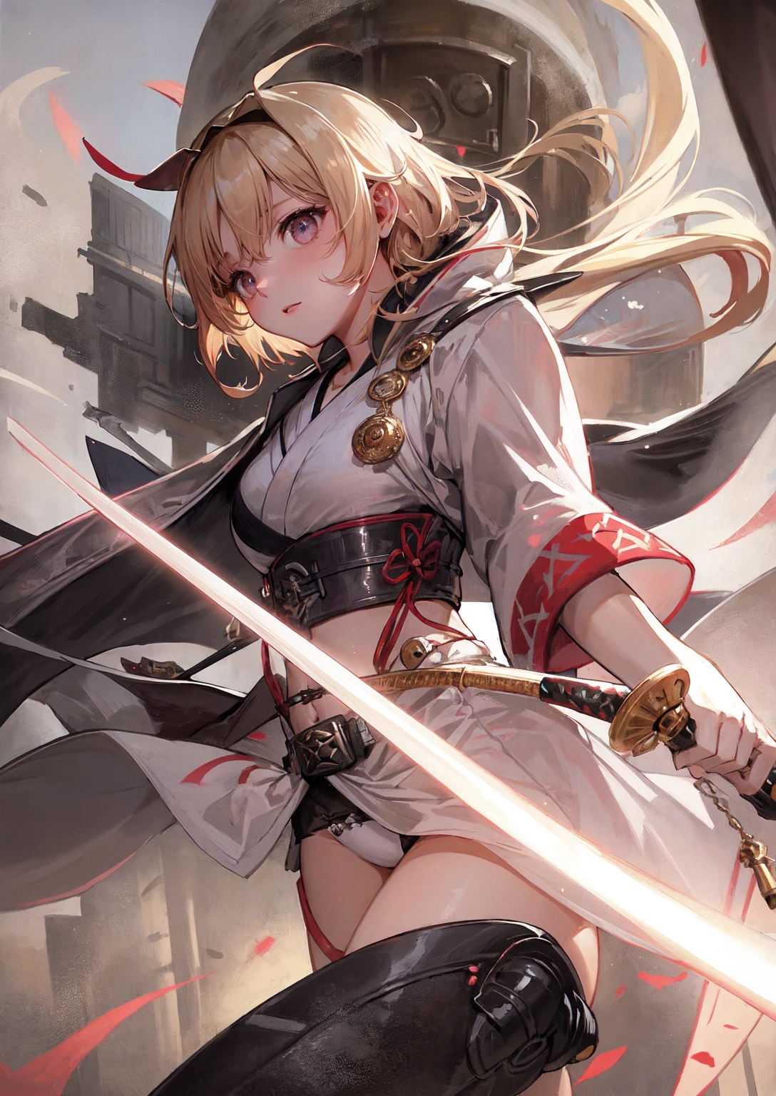 Noisy battlefield background, single, white translucent hooded kimono, crop navel, blonde, katana, heroic royal sister, ark of tomorrow, best quality, high resolution, best quality, high quality, detailed key anime art, best anime