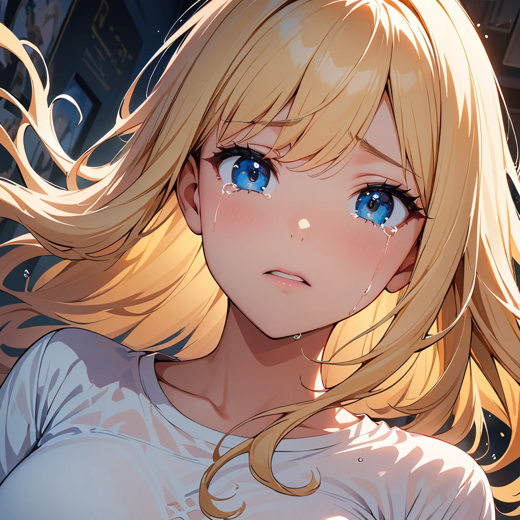 masterpiece, Highest quality, Super detailed, figure, Beautiful details, Depth of written boundary, Dynamic Angle, 8k wallpaper, Portraiture, Best light and shadow quality, 4K, 8k, CG, The finer details, Blurred Background, Upper Body, Contemporary, dress, blonde, Long Hair, Beautiful Eyes, Beautiful splashes,Heartbroken and crying