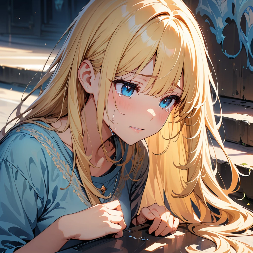 masterpiece, Highest quality, Super detailed, figure, Beautiful details, Depth of written boundary, Dynamic Angle, 8k wallpaper, Portraiture, Best light and shadow quality, 4K, 8k, CG, The finer details, Blurred Background, Upper Body, Contemporary, dress, blonde, Long Hair, Beautiful Eyes, Beautiful splashes,Heartbroken and crying