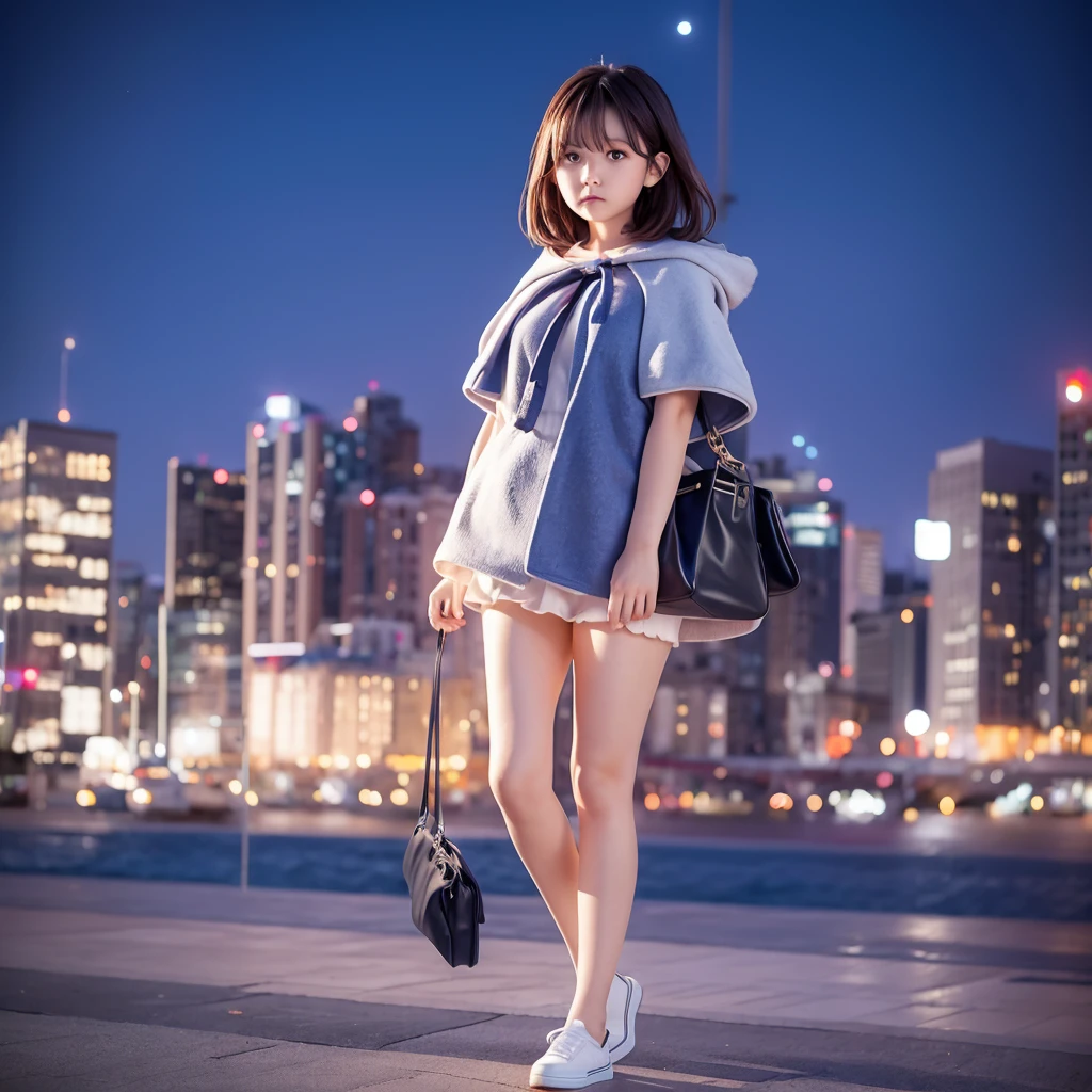 Night Sky, city, One girl, Are standing, alone, whole body, , Maribe, puffy short sleeve, Cape, bag